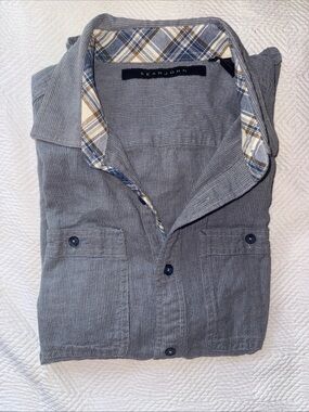 Sean John Men's Blue Gray White Button-Front 100% Cotton Casual Shirt